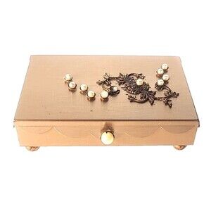 Vintage Jewelry Box Gold Tone Faux Pearl Adorned Mirror Velvet Hollywood Regency